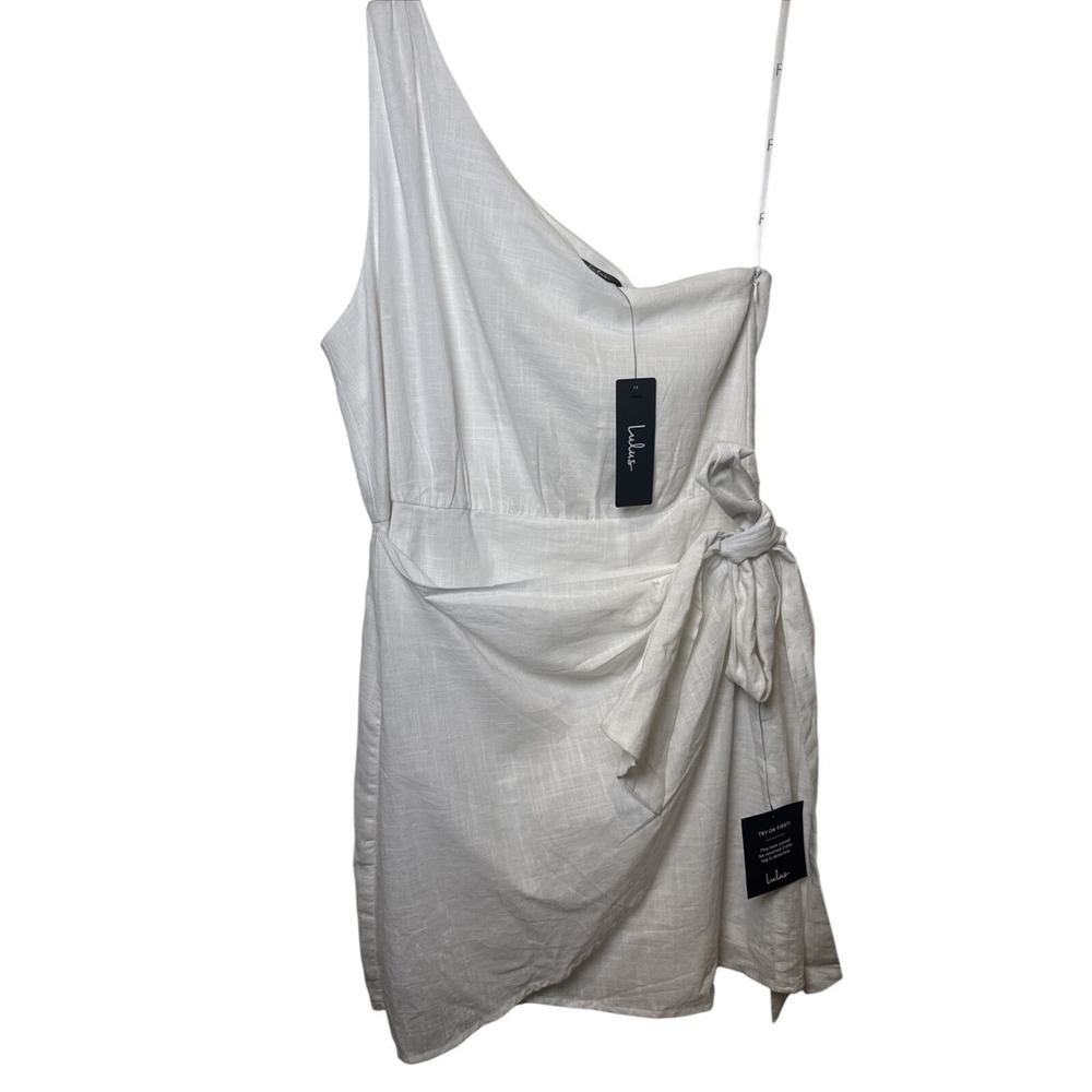 Lulu's  Forever Summer White One-Shoulder Faux‎ Wrap Mini Dress Size L NWT